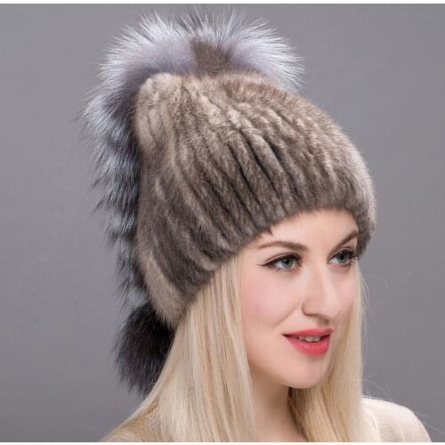 Winter Womens Leather Turf Head Cap Pure Natural Mink Fur Cap Russian Wind Hat Fashion Silver Fox Fur Cap DHY 17-10