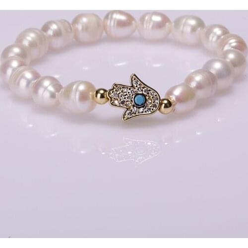 1 pcs tiny natural freshwater pearl bracelet gold Fatima Hand connector paved color zircon for woman girl charm gift jewelry