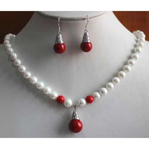 2 styles for choosing! 8mm white/red/orange shell pearl necklace+14mm earrings and pendant jewelry sets for party and wedding
