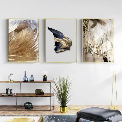 Abstract Ocean Canvas Painting Large Wall Art Golden Feathers Poster Living Room Hoom Decor Print Picture Landscape Paintings