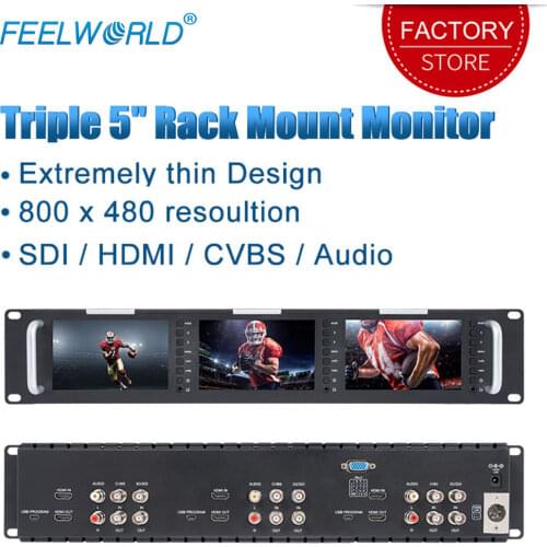 Feelworld T51 Triple 5 inch 2RU Broadcast SDI Rack Mount Monitor Field Video LCD Screen 800x400 3G SDI HDMI AV Input and Output