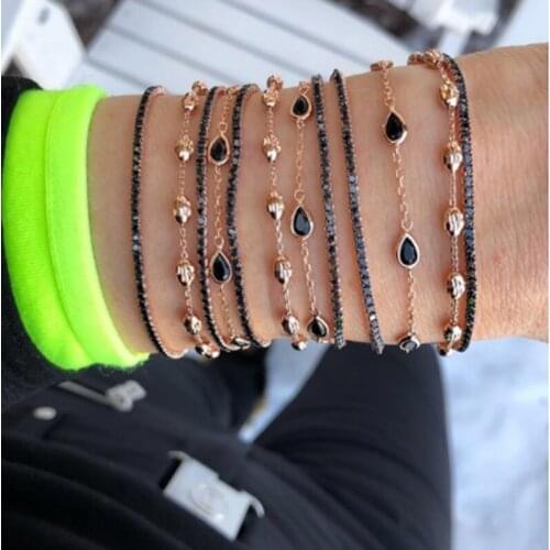 HuaTang 3pcs/set Bohemian Black Crystal Chains Bracelet Set Multilayer Gold Color Beads Stretch Bangle for Women Men Jewlery
