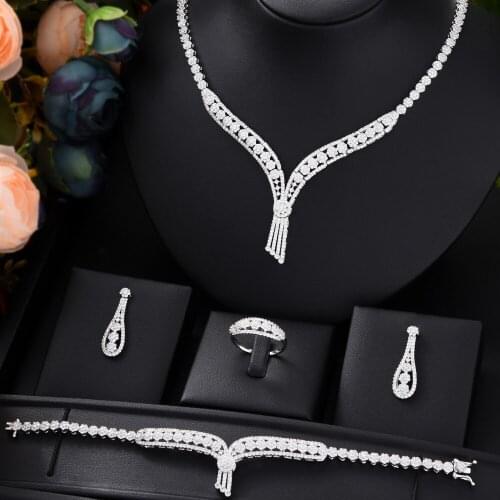 Brand Luxury Gorgeous Cute Noble Bangle Earrings Necklace Ring 4PCS Jewelry Set Charm of Women Brides Wedding Jewellery 2021