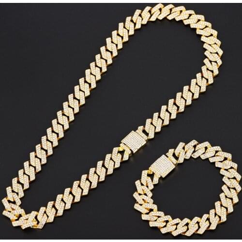 Iced Out Chain Bling Prong Miami Cuban Link Chains Necklaces 15mm Full Crystal Rhinestones Clasp Hip Hop Necklace Bracelet Mens