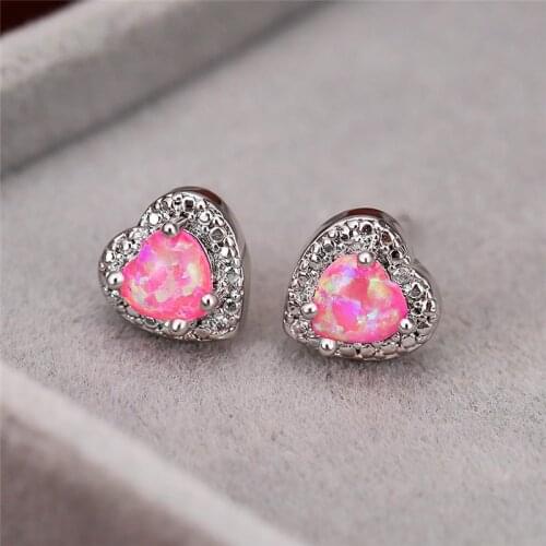 Cute Female White Blue Pink Opal Earrings Charm Silver Color Stud Earrings For Women Small Rainbow Heart Wedding Earrings