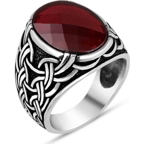 925 Sterling Silver Oval Faceted Red Zircon Stone Men′s Ring with Knitted Pattern Red Zirconia Ring for Men