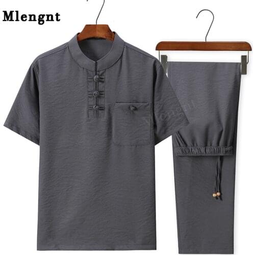 Mens Clothing Linen Tracksuit Cool Summer Short T-shirt Set Elastic Waist Tracksuit Male Shorts Cotton Husband Two Piece Set