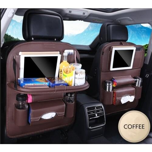 Car Seat Back Hanging Organizer Bag Universal Auto Multifunction Foldable Box PU Leather Pad Cups Storage Holder Foldable Shelf
