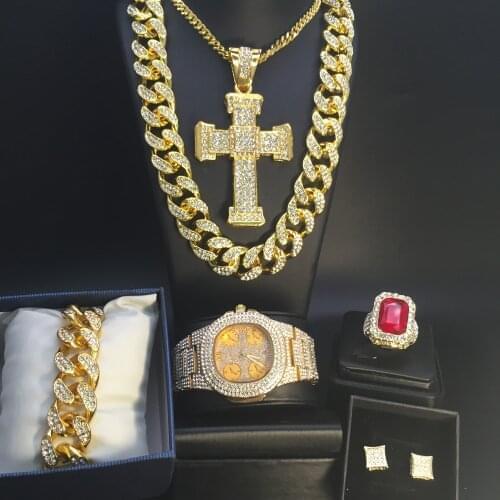 Luxury Men Gold Color Watch & Necklace &Bracelet & Ring & Earrings Combo Set Ice Out Cuban Crystal Miami Hip Hop Jewelry For Men