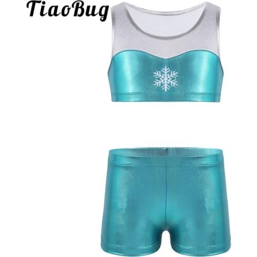 TiaoBug Kids Girls Two-piece Tankini Sports Set Snowflake Embroidery Gymnastics Shorts Crop Top Set Children Stage Dance Costume