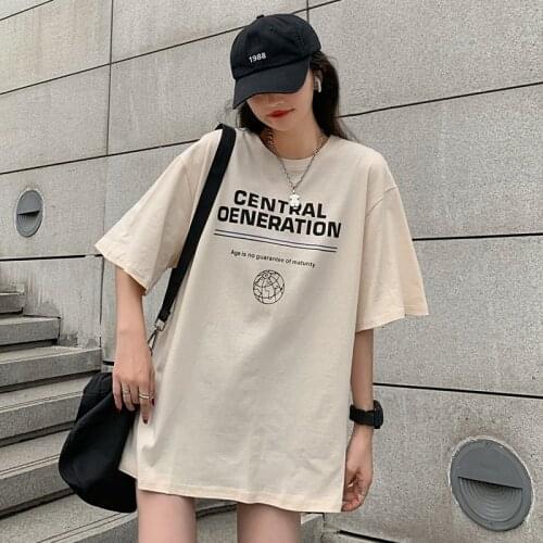 Letter printing round neck short-sleeved loose T-shirt top 2021 new wide round neck womens compassionate all-match