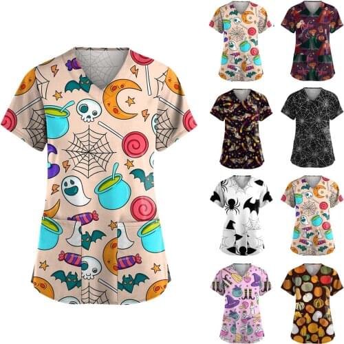 Scrubs Uniform For Women Sexy V-Neck Tops Halloween Short Sleeve T-Shirt Pockets Blouse Nurse Accessories медицинская одежда W5