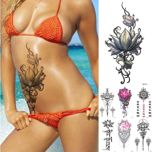 Waterproof Temporary Tattoo Sticker Sanskrit Lotus Flash Tattoos Flowers Rose Lace Totem Body Art Arm Fake Tatoo Women Men