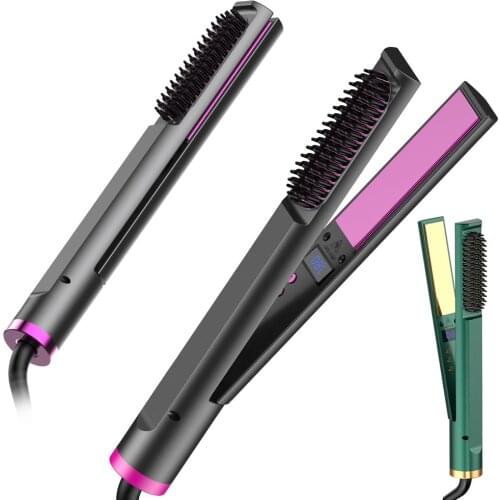 2 In 1 Hair Straightener Flat Iron Electric Plug In Hot Comb Hair Straightener Brush With Adjustable Temperature