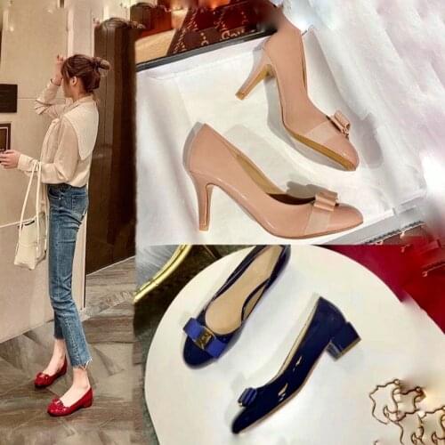 Womens shoes 2021 patent leather bowknot flat womens shoes thick heel high-heeled shoes all-match fashionable womens shoes