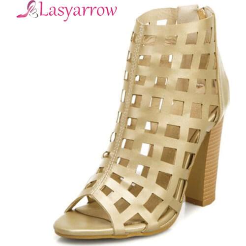Lasyarrow Plus size 33-50 New gladiator sandals women shoes thick high heels cut outs summer shoes female ladies party shoes