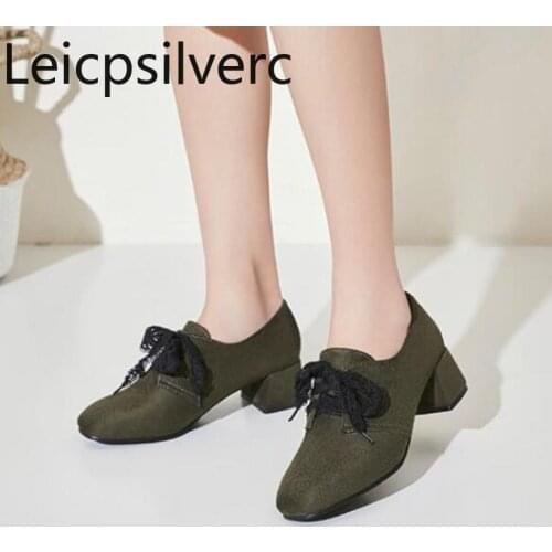 Pumps Spring and autumn new style Fashion Flock Square head Lace-up Thick heel mid heel Womens shoe plus size 30-43