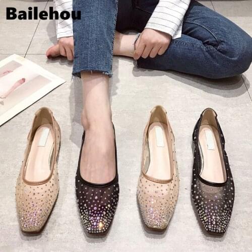 Bailehou Women Flat Shoes New Summer Fashion Women Bling Rhinestone Loafers Casual Shoes Mesh Ladies Shallow Soft Flat