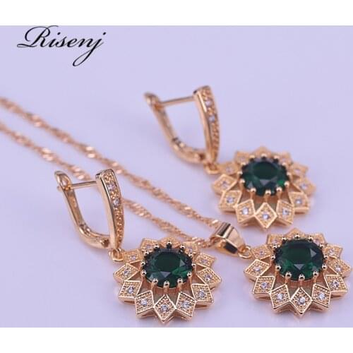 Risenj gold Bridal crystal Jewelry Sets Heart Green Cubic Zircon Earring Necklace chain Jewelry Sets for Women girls gift