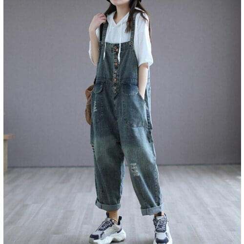 21Women Denim Jumpsuits Summer Casual Vintage Washed Bleached Hole Colorful Buttons Pockets Loose Female Full Length Bodysuit