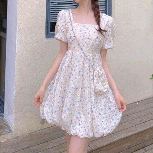 Summer Fairy Floral Dress Women Puff Sleeve Korean Elegant Kawaii Dress Female Patchwork Princess Sweet Party Mini Dress 2021