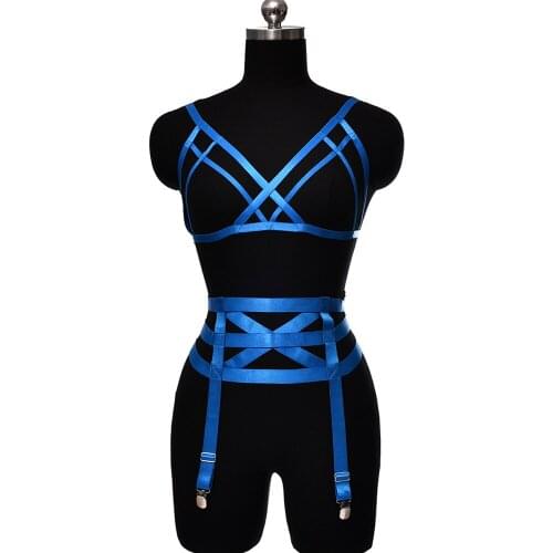 Women Body Harness Set Hollow Crop Top Bra Goth Rave Bondage Stockings Garters Elastic Adjustable Body Cage Sexy Lingerie