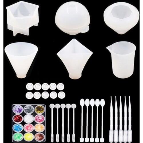 43Pcs 3D Pyramid Cone Sphere Diamond Resin Casting Molds Large Clear Silicone Epoxy Resin Molds Mixing Cups Tools KIt