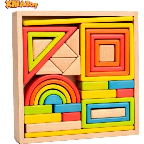 Wooden Hollow Rainbow Building Blocks Construction Baby Puzzle Creative Pile Building Montessori Toys Large Solid Beech