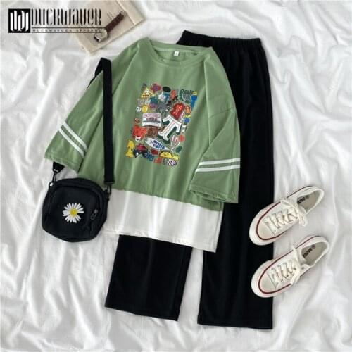 Duckwaver Two Piece Sets Pullover Short Sleeve Women Elastic Waist Cargo Pants Women Suits Cute Style Women Spring Summer 2021