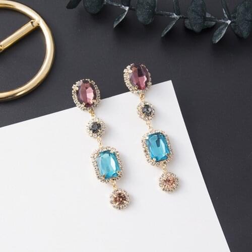 Geometric Square Round Multicolor Rhinestone Temperament Long Drop Earrings for Women Korean New Party Oorbellen Gift EC1513