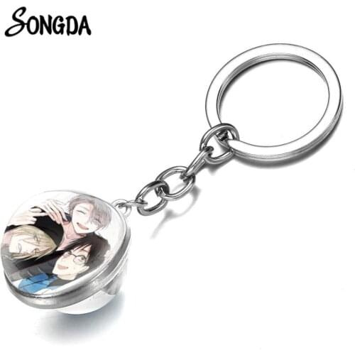 Hot YURI!!! On ICE Keychain Victor Nikiforov Yuri Katsuki Figures Key Chain Transparent Glass Cabochon Key Ring Holder Ornaments