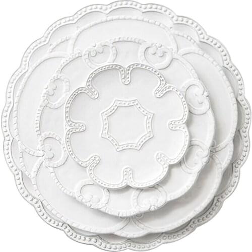 Ceramic Plate White Relief Flower Shape Dinnerware Vintage Lace Snacks Bread Steak Dish Tableware Household Kitchen Supplies