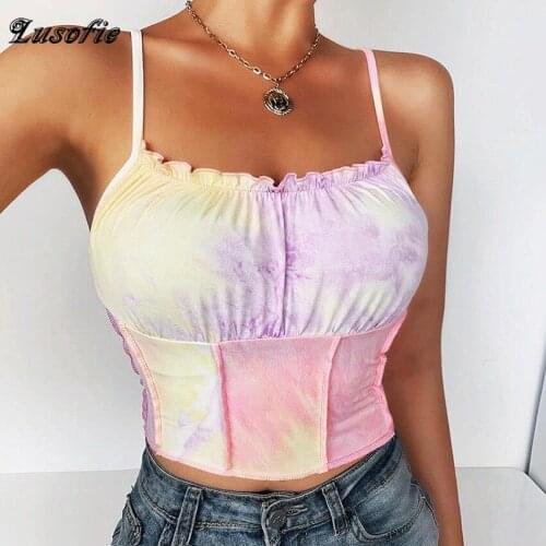 Lusofie Tie dye Pleated Slim Suspender Sexy Short Sleeveless Camis White Daily Solid Back Camisole High Street Party Club Summer