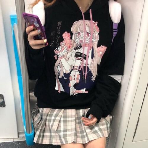 QWEEK Kawaii Hoodies Women Anime E Girl Sweatshirt Women Long Sleeve Hoodie 2021 Fashion Japanese Streetwear Black Pink Cute Top
