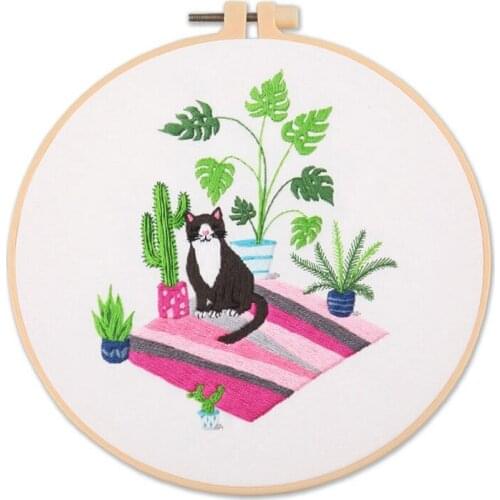 Naughty Kitten Embroidery Kit for Beginners, Gift Embroidery Starter Kits, Contains all Embroidery Tools, English Manual (D)