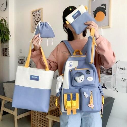 4 Piece Set Fashion Womens Backpack Nylon Cute Pendant School Bags For Girls Large Capacity Backpacks With Many Pockets Mochila