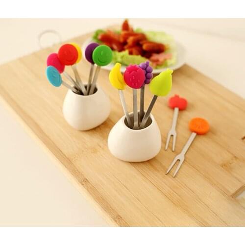 6 PCS A Set Cute Mini Animal Cartoon Forks Stainless Steel Fruit Picks Dessert Coffee Ceramic Handle Party Supplies For Kids
