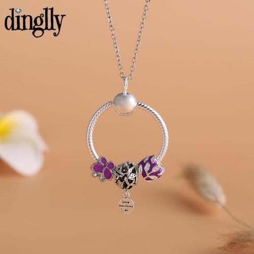 Dinglly Flower Ball Pendant Necklace For Women Purple Butterfly Branch Beads Charm Necklace Girls Birthday Party Jewelry Gift