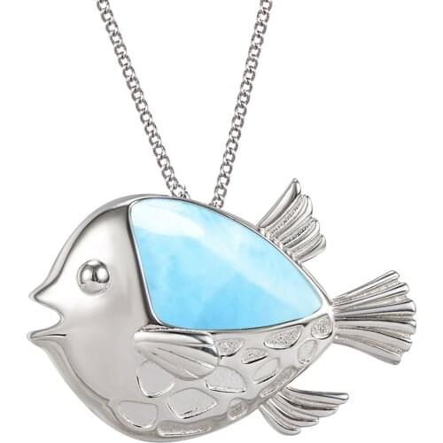 New Arrival 925 Sterling Silver Natural Larimar Sea Fish Pendant Necklace For Women Gift