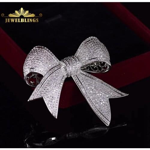 Bling Full Micro Pave Clear CZ Victorian Ribbon Bow Brooch Antique Bowtie Pins Edwardian Jewelry for Women Suit Coat Scarf Shawl