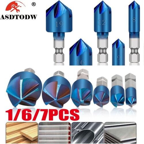 7PCS 90 Degree Countersink Drill Chamfer Bit 1/4" Hex Shank Carpentry Woodworking Angle Point Bevel Cutting Cutter Remove Bur