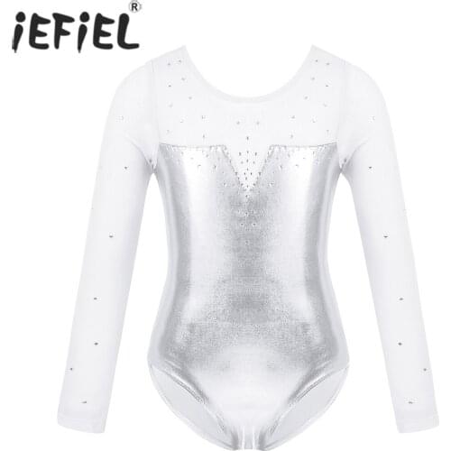 IEFiEL Kids Girls Dance Costumes Sparkly Rhinestone Metallic Ballerina Ballroom Dance Gymnastics Leotard Bodysuit Turnpakje