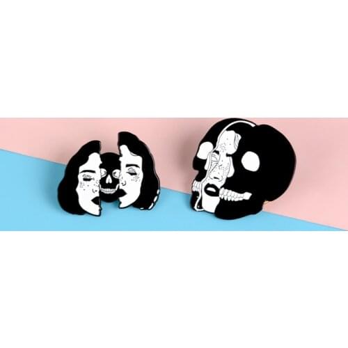 Unique Fashion Gothic Half Women Men Face Splicing With Skull Punk Pins Apathy Grim Couple Individuality Brooches Badges