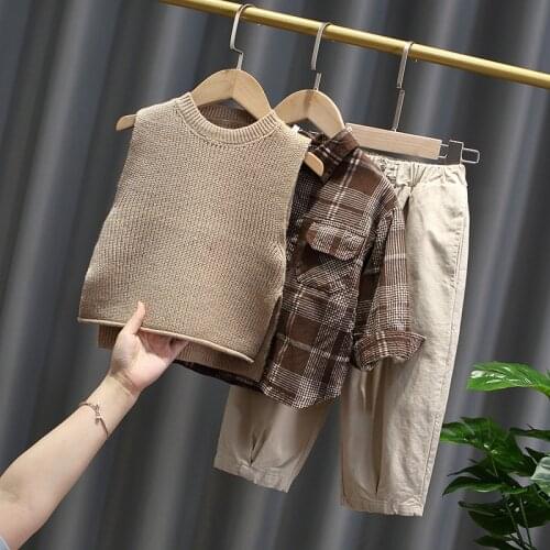 Spring & Autumn Cotton Boys Set New Korean Version Fashion Knitted Vest Plaid Shirt Casual Trousers Childrens Three-piece Suit