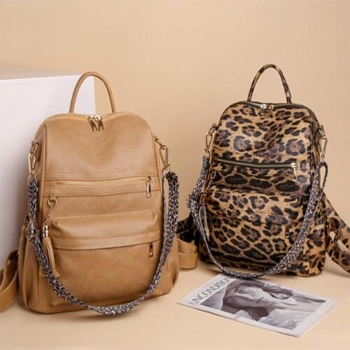 Retro Large Capacity Women Fashion Backpack PU Leather Zipper Solid Color Shoulder Bags Mochila Feminina 2021 Leopard Strap Bags