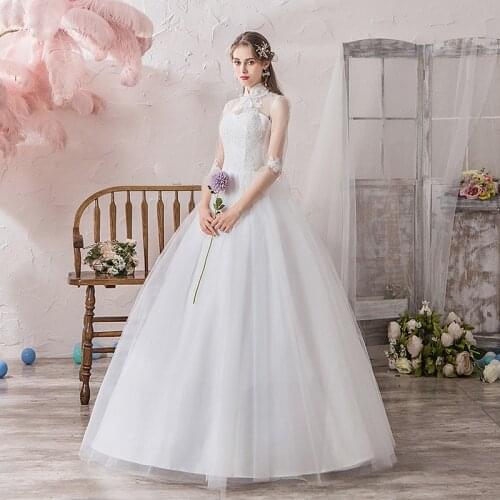 High Neck Wedding Dress Lace Three Quarter Sleeves Backless Pleat Tulle Plus Size Wedding Gowns For Women Vestidos De Novia G106