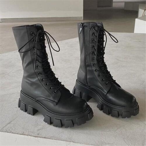 Women Ankle Boots Wedges Flat Shoes High Heel Platform Motorcycle Boots Female Lace-up Zipper Botas Mujer No Slip Footwear