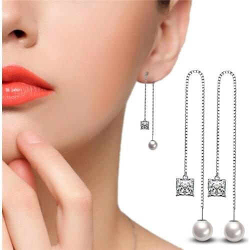 KOFSAC New Fashion Geometric Square Crystal Ear Line Earrings For Women Long Chain 925 Silver Earring Bridesmaid Jewelry H