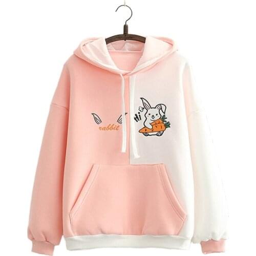 Cartoon Rabbit Embroidery Patchwork Women Hooded Sweatshirts 2021 Autumn Long Sleeve Pocket Kawaii Cute Hoodies Sweet Pullover