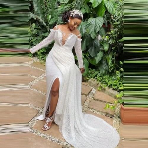 Sequined Lace Mermaid Wedding Dresses With Slit For Bride Sheer Neckline Appliques Long Sleevs Weddiing Gowns vestidos de novia
